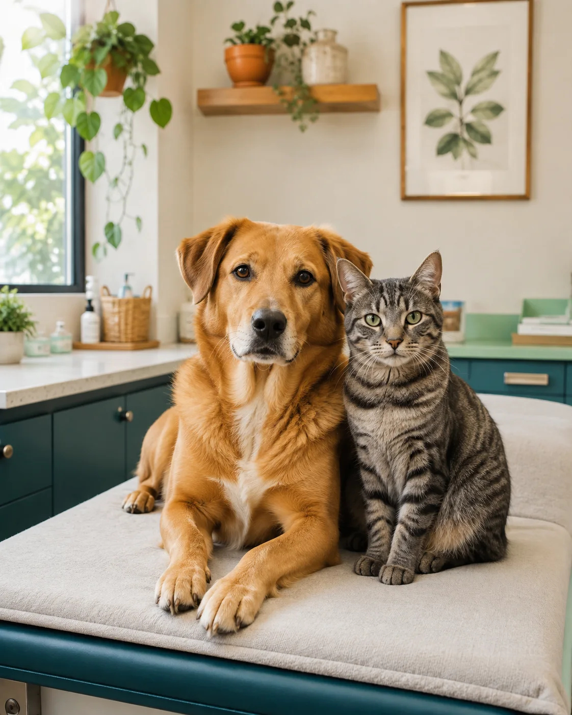 Um cachorro caramelo e um gato tigrado tranquilos na sala de atendimento da Vet Clinic